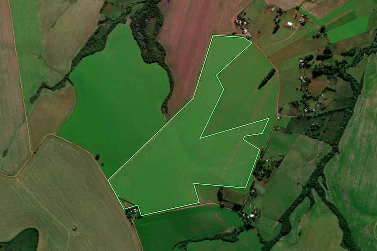 Imagem de satélite do imóvel rural em Capão do Cipó (RS), com o contorno declarado no CAR desenhado por cima.