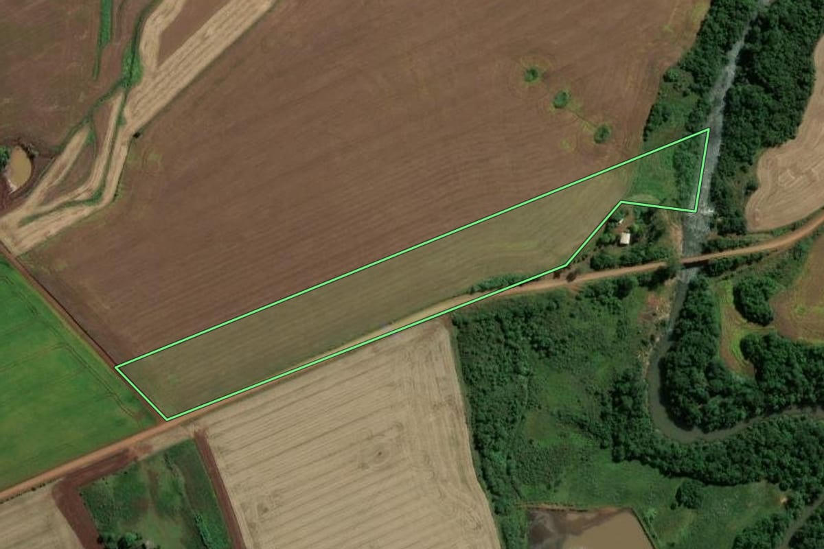 Imagem de satélite do imóvel rural em Capão do Cipó (RS), com o contorno declarado no CAR desenhado por cima.