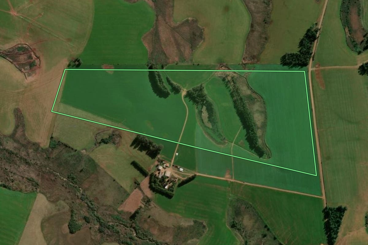 Imagem de satélite do imóvel rural em Capão do Cipó (RS), com o contorno declarado no CAR desenhado por cima.