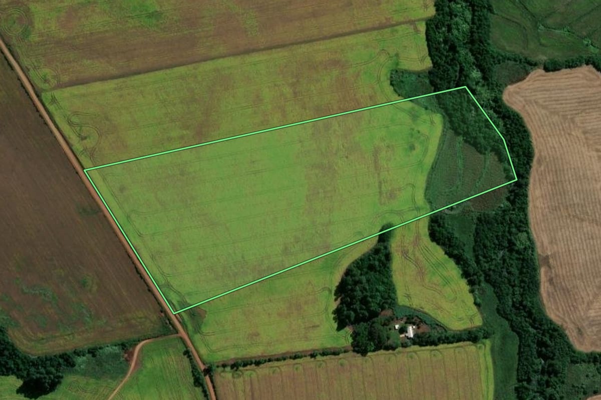 Imagem de satélite do imóvel rural em Capão do Cipó (RS), com o contorno declarado no CAR desenhado por cima.