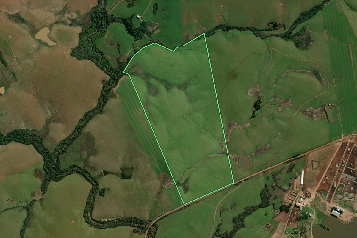 Imagem de satélite do imóvel rural em Capão do Cipó (RS), com o contorno declarado no CAR desenhado por cima.