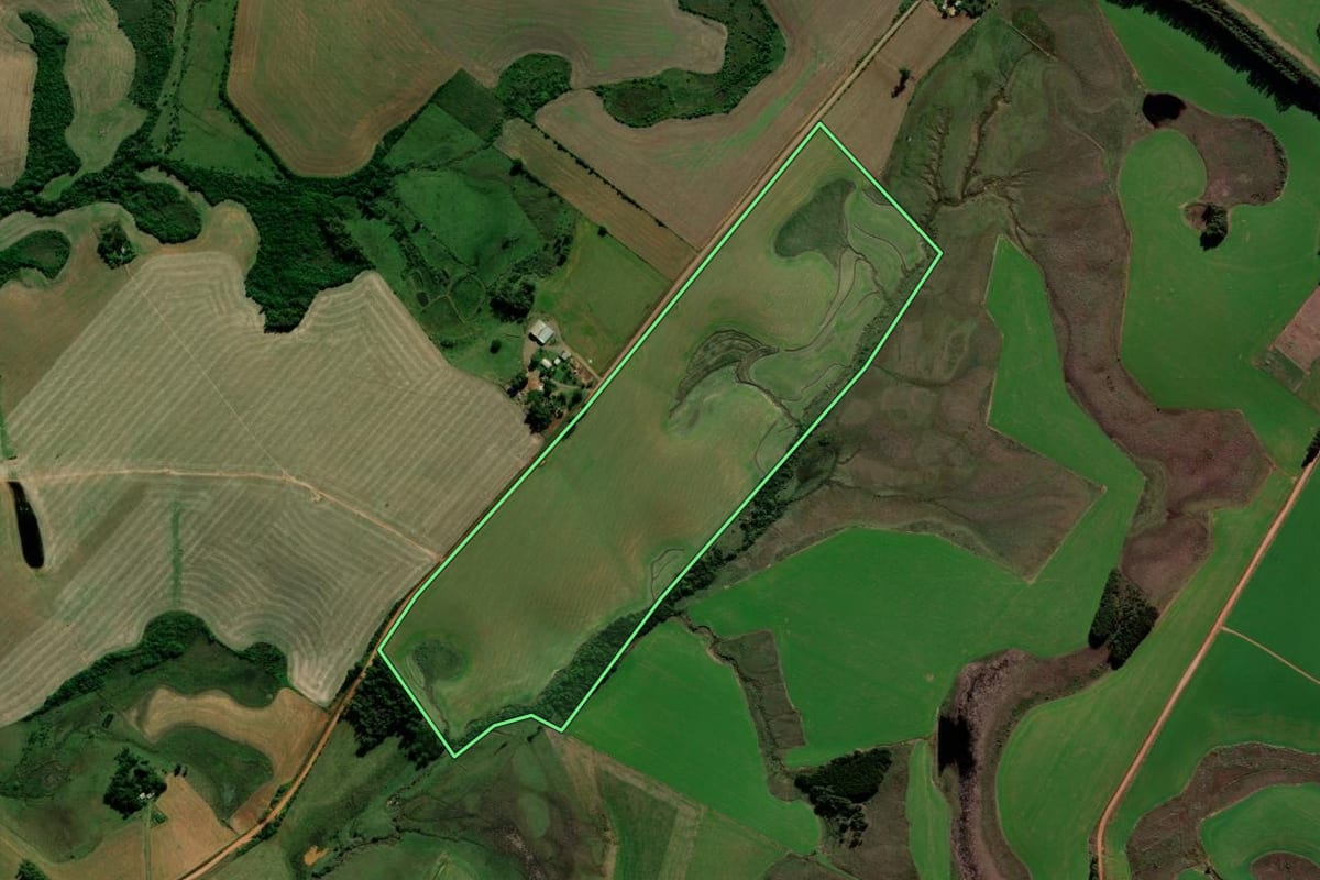 Imagem de satélite do imóvel rural em Capão do Cipó (RS), com o contorno declarado no CAR desenhado por cima.