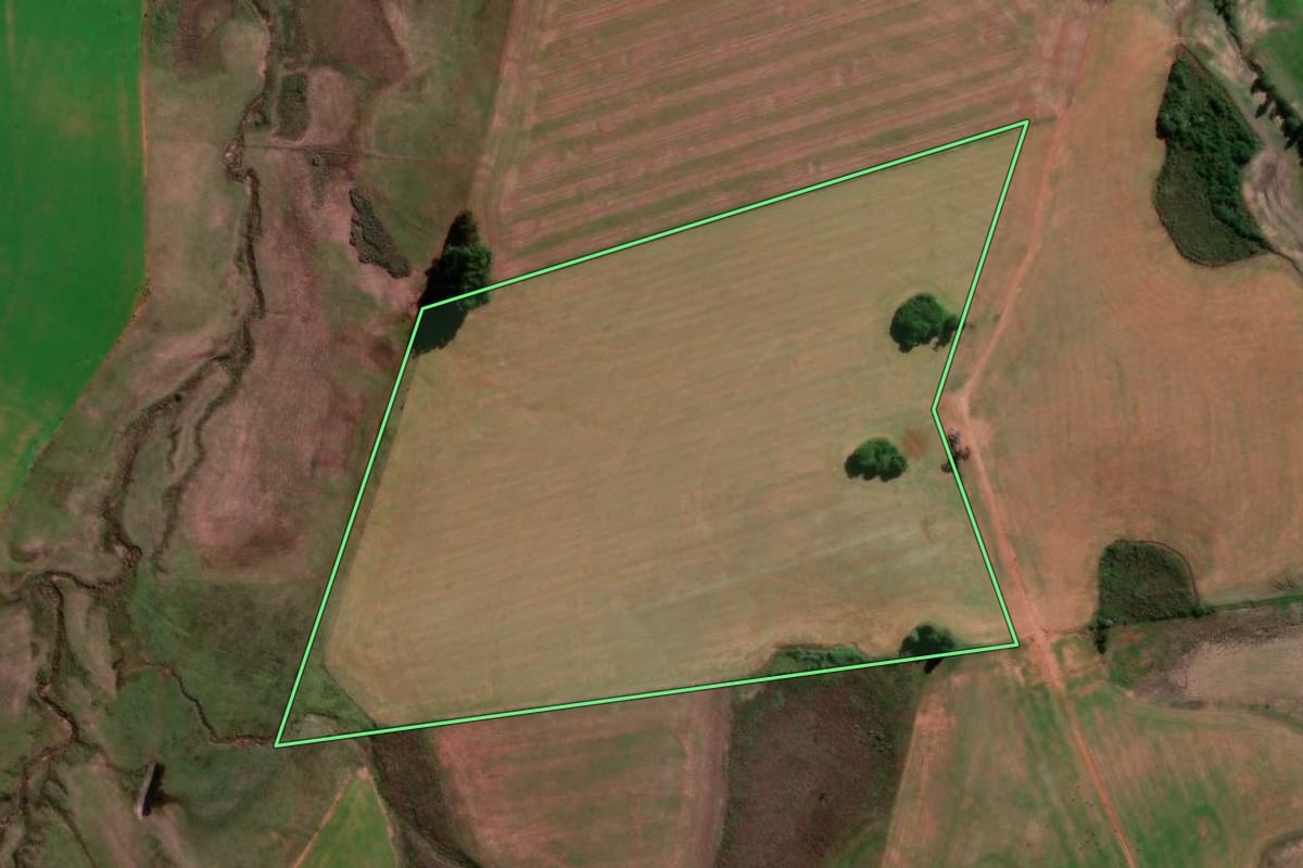 Imagem de satélite do imóvel rural em Capão do Cipó (RS), com o contorno declarado no CAR desenhado por cima.
