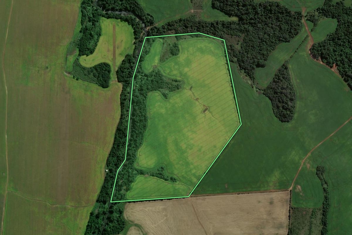 Imagem de satélite do imóvel rural em Capão do Cipó (RS), com o contorno declarado no CAR desenhado por cima.
