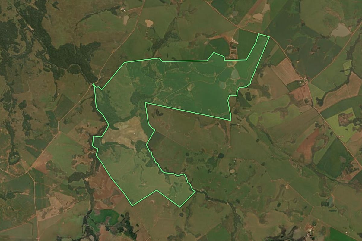 Imagem de satélite do imóvel rural em Capão do Cipó (RS), com o contorno declarado no CAR desenhado por cima.