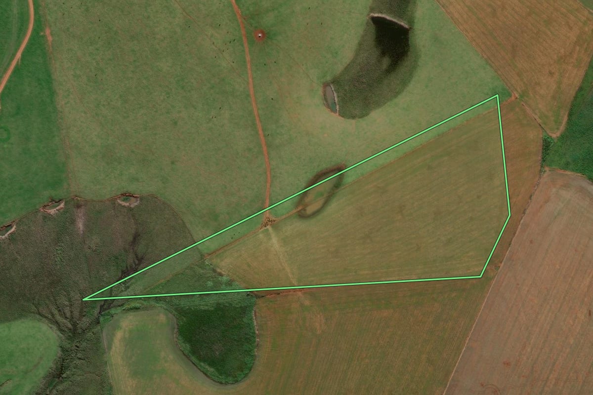 Imagem de satélite do imóvel rural em Capão do Cipó (RS), com o contorno declarado no CAR desenhado por cima.