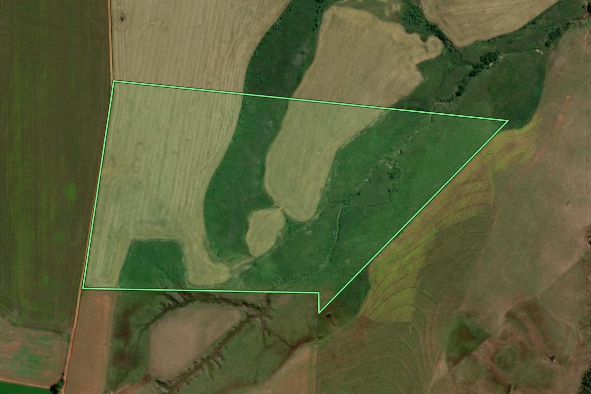 Imagem de satélite do imóvel rural em Capão do Cipó (RS), com o contorno declarado no CAR desenhado por cima.