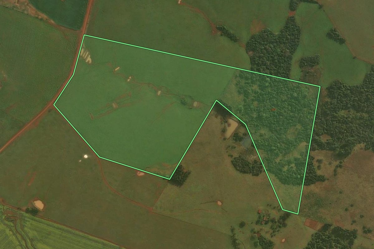 Imagem de satélite do imóvel rural em Capão do Cipó (RS), com o contorno declarado no CAR desenhado por cima.