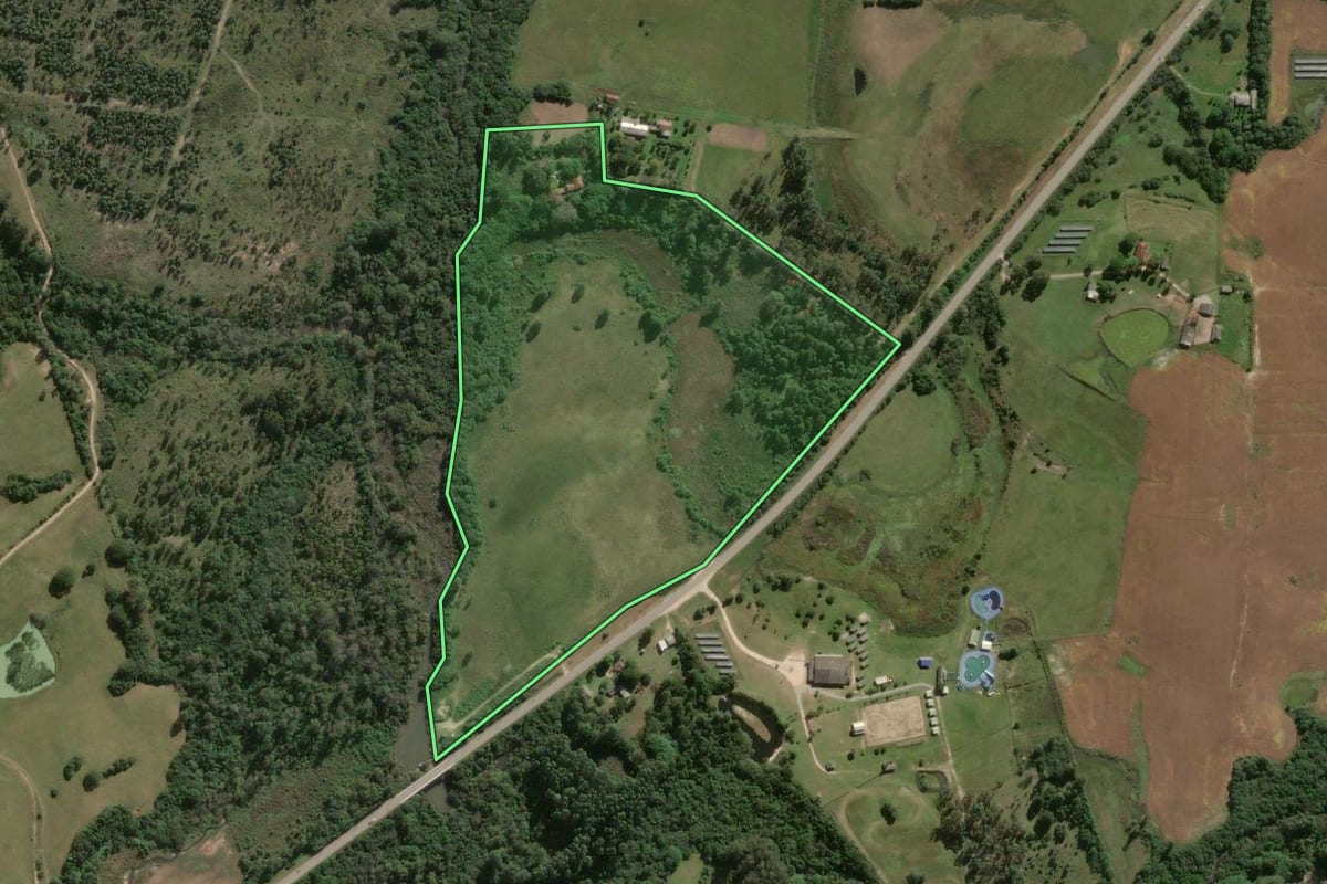 Imagem de satélite do imóvel rural em Capão do Leão (RS), com o contorno declarado no CAR desenhado por cima.