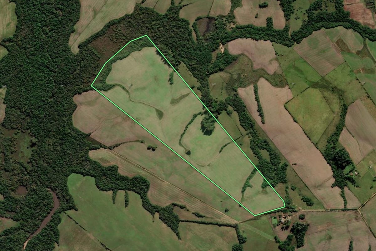 Imagem de satélite do imóvel rural em Capão do Leão (RS), com o contorno declarado no CAR desenhado por cima.
