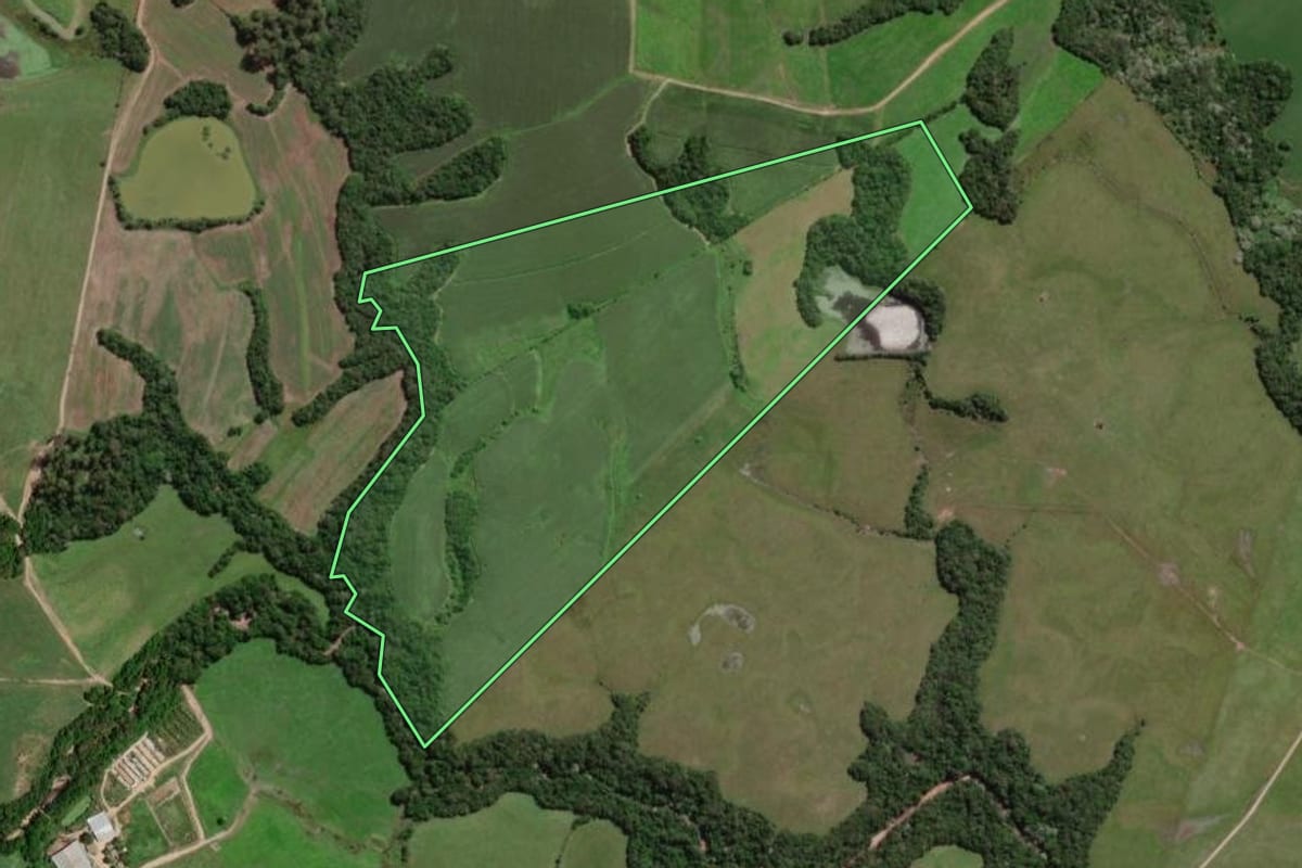Imagem de satélite do imóvel rural em Capão do Leão (RS), com o contorno declarado no CAR desenhado por cima.