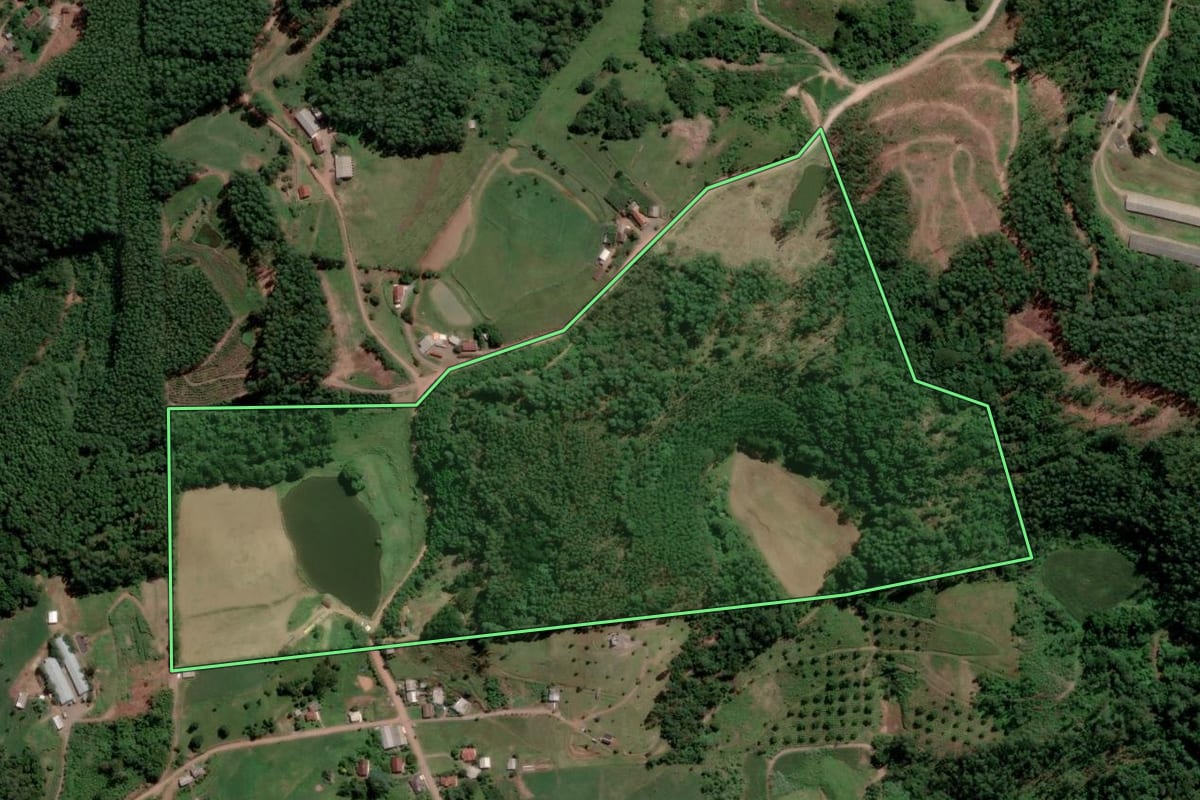 Imagem de satélite do imóvel rural em Capitão (RS), com o contorno declarado no CAR desenhado por cima.