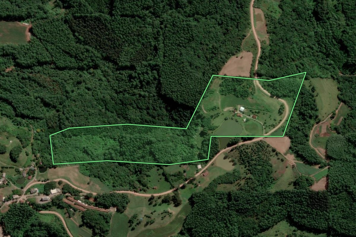 Imagem de satélite do imóvel rural em Capitão (RS), com o contorno declarado no CAR desenhado por cima.