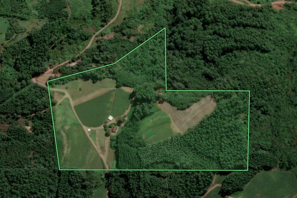 Imagem de satélite do imóvel rural em Capitão (RS), com o contorno declarado no CAR desenhado por cima.