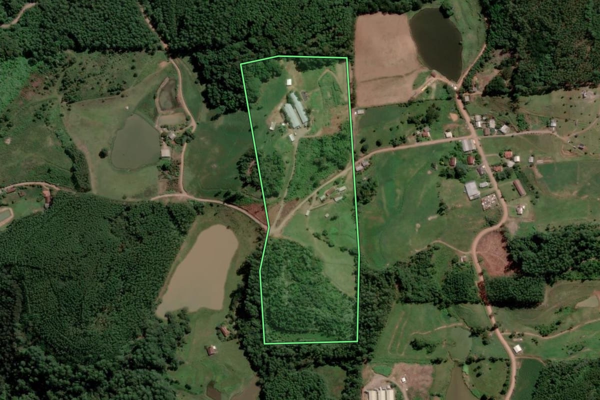 Imagem de satélite do imóvel rural em Capitão (RS), com o contorno declarado no CAR desenhado por cima.