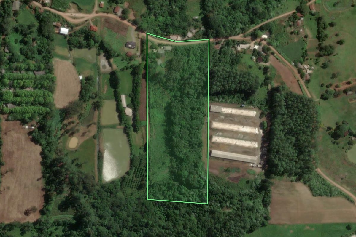 Imagem de satélite do imóvel rural em Capitão (RS), com o contorno declarado no CAR desenhado por cima.