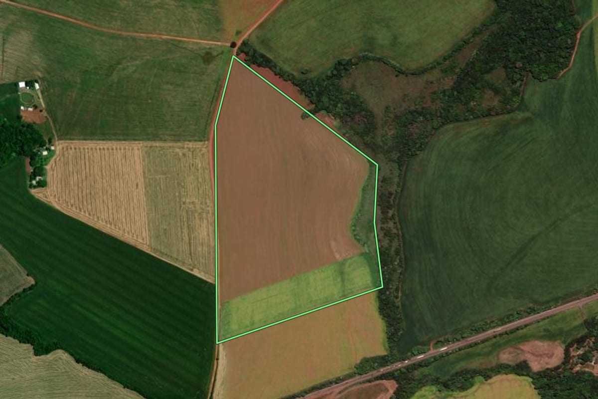 Imagem de satélite do imóvel rural em Carazinho (RS), com o contorno declarado no CAR desenhado por cima.