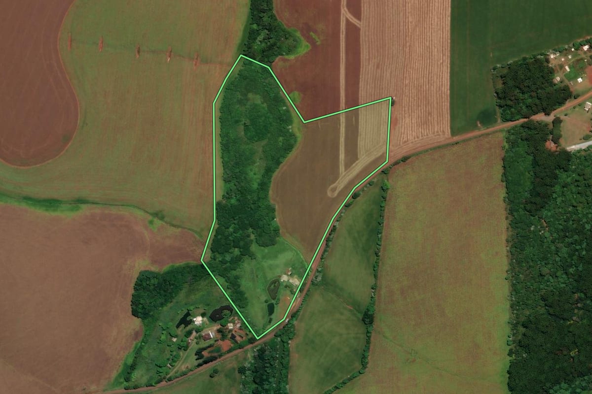 Imagem de satélite do imóvel rural em Carazinho (RS), com o contorno declarado no CAR desenhado por cima.