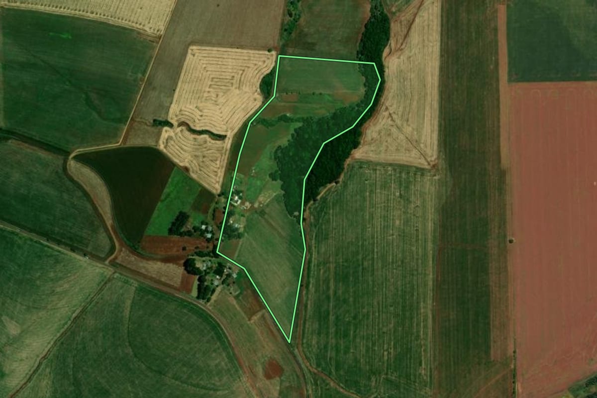 Imagem de satélite do imóvel rural em Carazinho (RS), com o contorno declarado no CAR desenhado por cima.