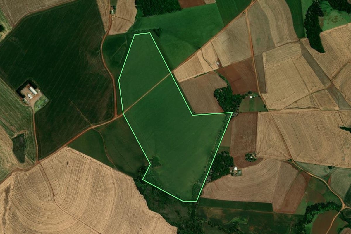 Imagem de satélite do imóvel rural em Carazinho (RS), com o contorno declarado no CAR desenhado por cima.