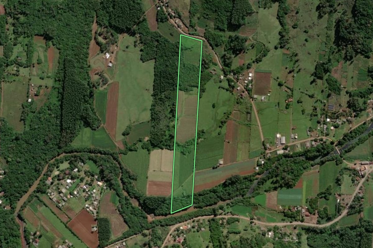 Imagem de satélite do imóvel rural em Caraá (RS), com o contorno declarado no CAR desenhado por cima.