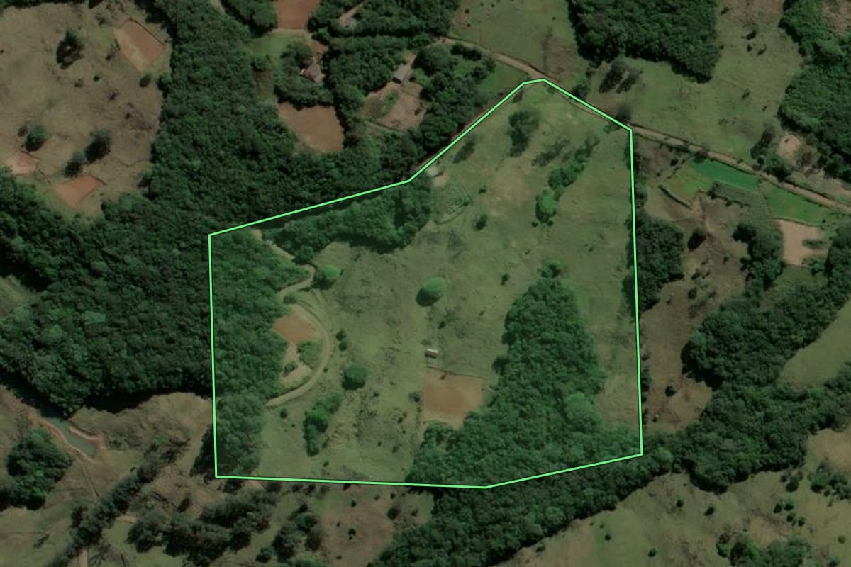 Imagem de satélite do imóvel rural em Caraá (RS), com o contorno declarado no CAR desenhado por cima.