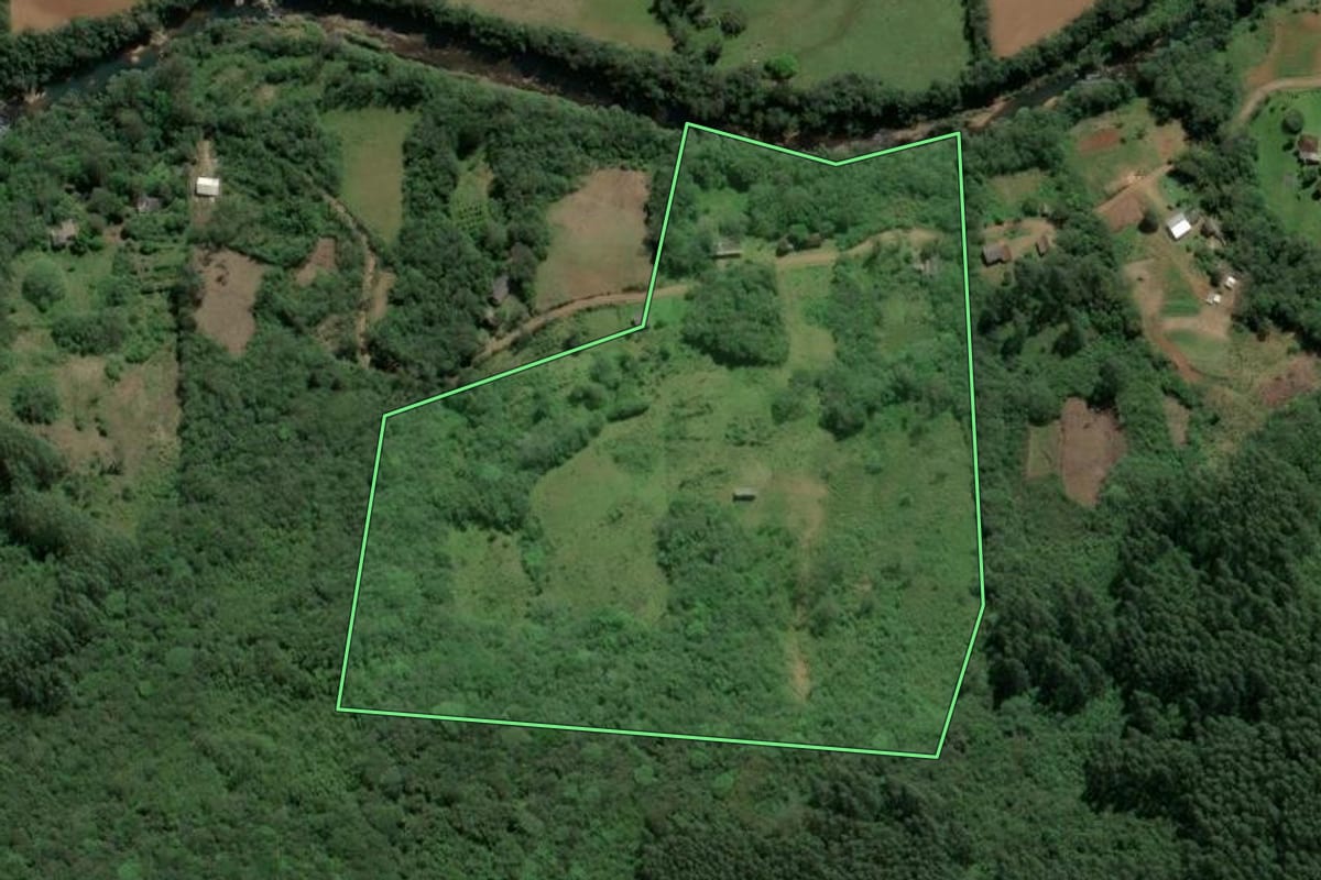 Imagem de satélite do imóvel rural em Caraá (RS), com o contorno declarado no CAR desenhado por cima.
