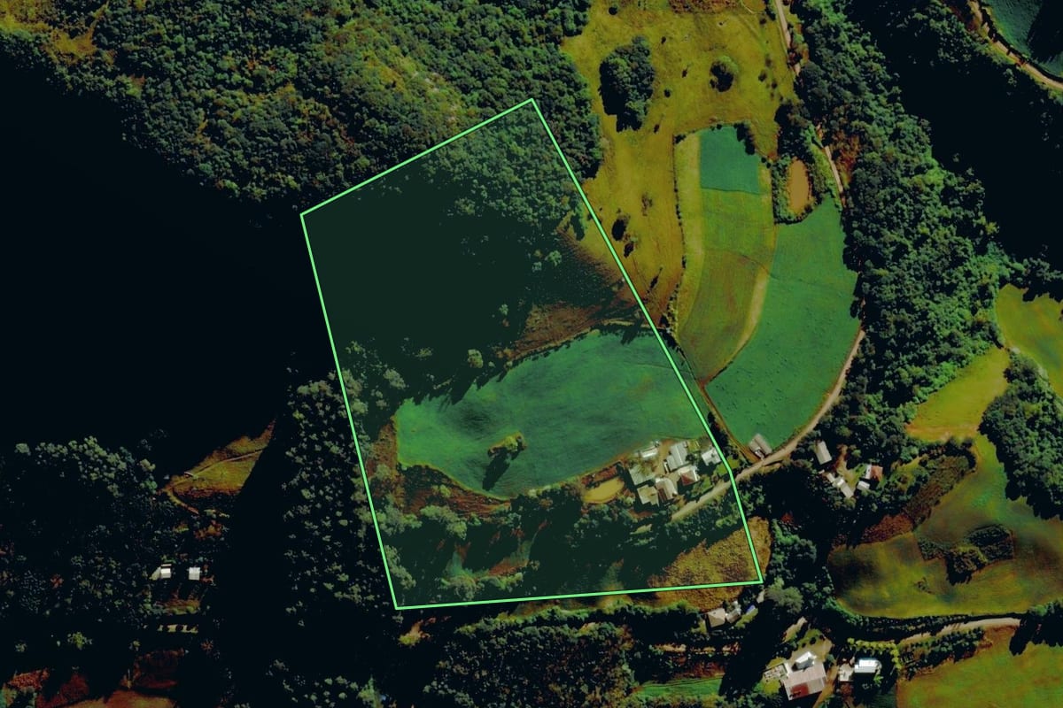 Imagem de satélite do imóvel rural em Carlos Barbosa (RS), com o contorno declarado no CAR desenhado por cima.
