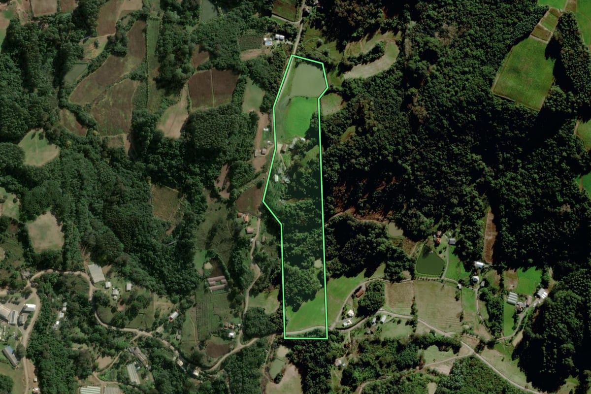 Imagem de satélite do imóvel rural em Carlos Barbosa (RS), com o contorno declarado no CAR desenhado por cima.