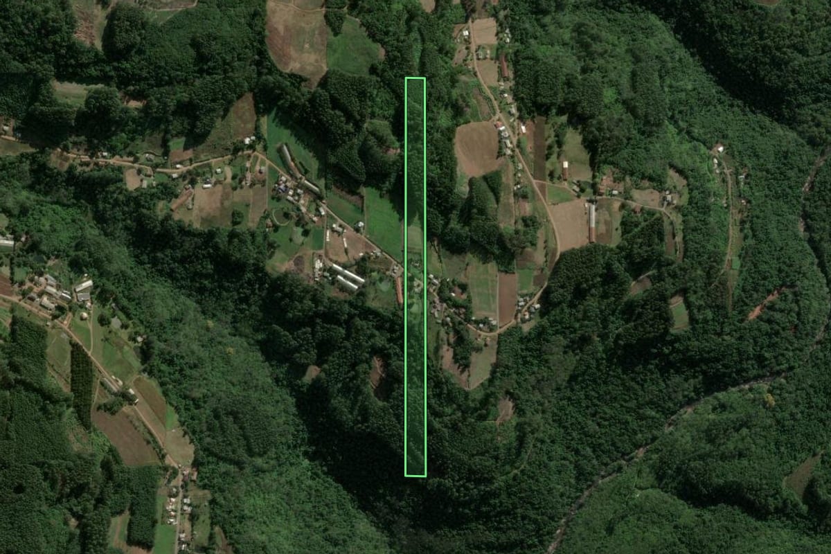 Imagem de satélite do imóvel rural em Carlos Barbosa (RS), com o contorno declarado no CAR desenhado por cima.