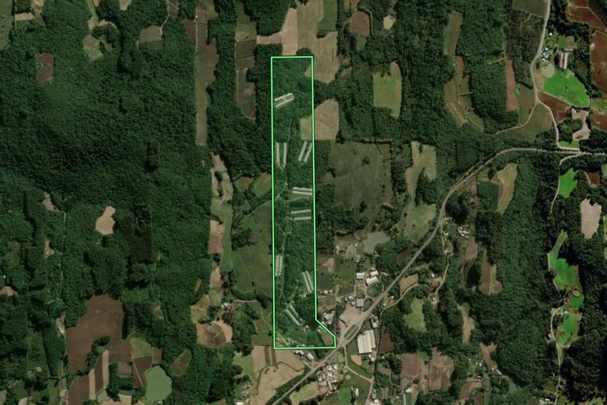 Imagem de satélite do imóvel rural em Carlos Barbosa (RS), com o contorno declarado no CAR desenhado por cima.