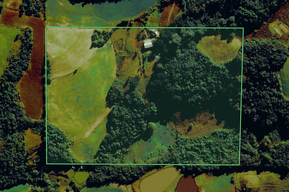Imagem de satélite do imóvel rural em Carlos Barbosa (RS), com o contorno declarado no CAR desenhado por cima.