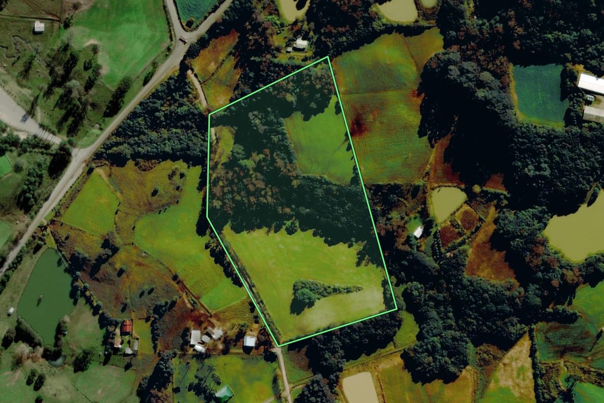 Imagem de satélite do imóvel rural em Carlos Barbosa (RS), com o contorno declarado no CAR desenhado por cima.