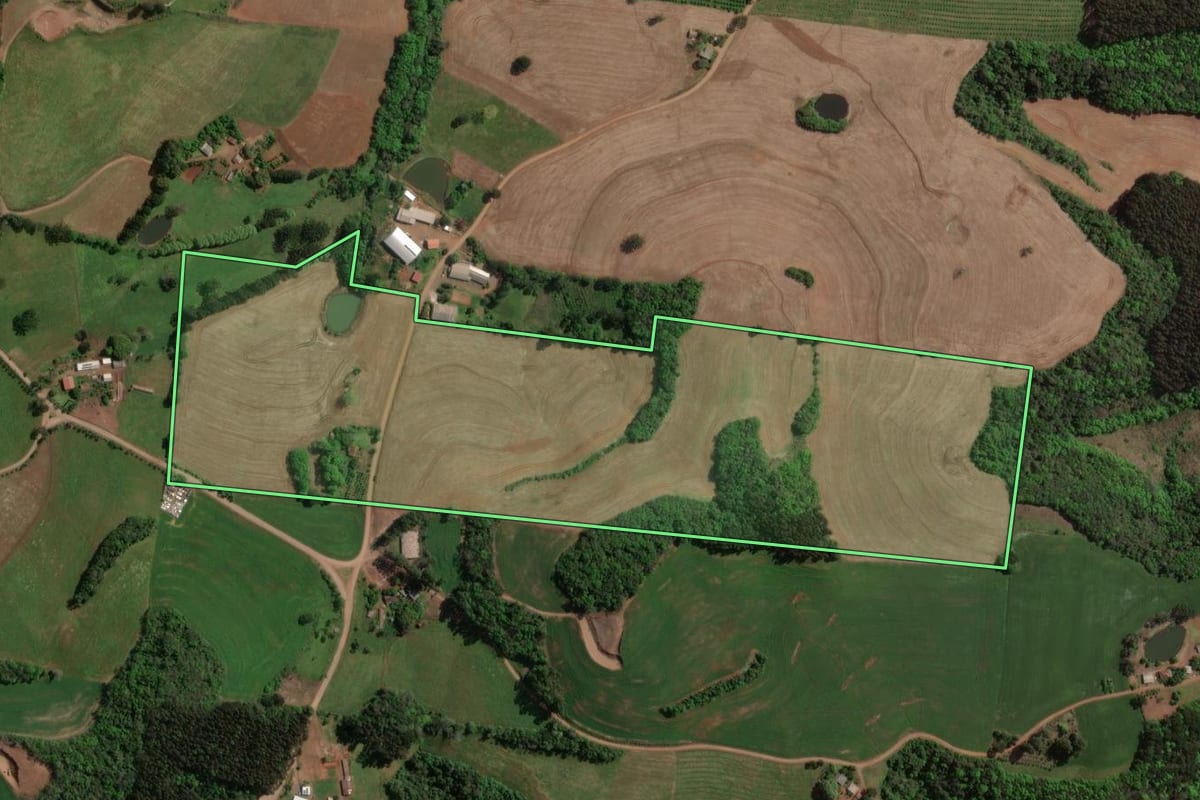Imagem de satélite do imóvel rural em Carlos Gomes (RS), com o contorno declarado no CAR desenhado por cima.