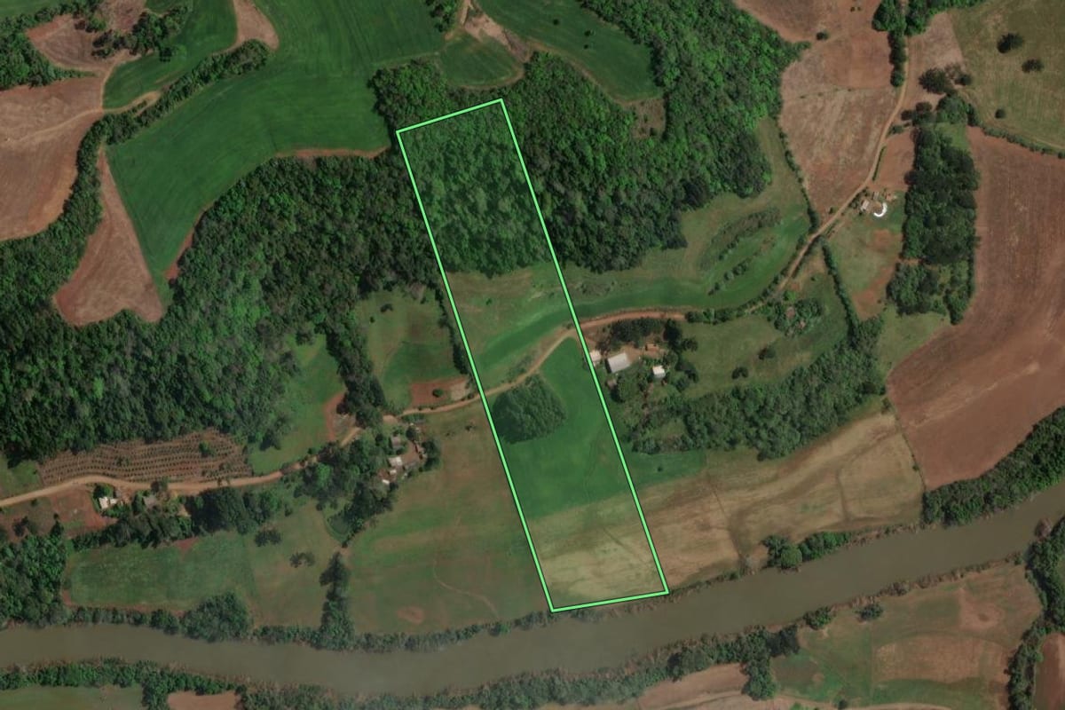 Imagem de satélite do imóvel rural em Carlos Gomes (RS), com o contorno declarado no CAR desenhado por cima.