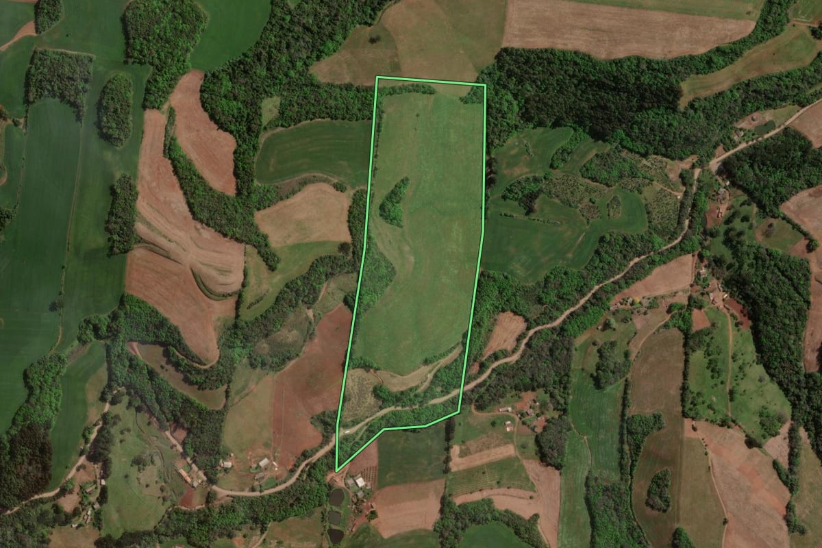 Imagem de satélite do imóvel rural em Carlos Gomes (RS), com o contorno declarado no CAR desenhado por cima.