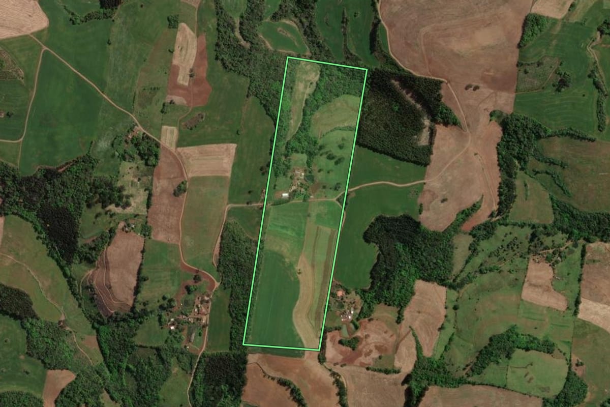 Imagem de satélite do imóvel rural em Carlos Gomes (RS), com o contorno declarado no CAR desenhado por cima.