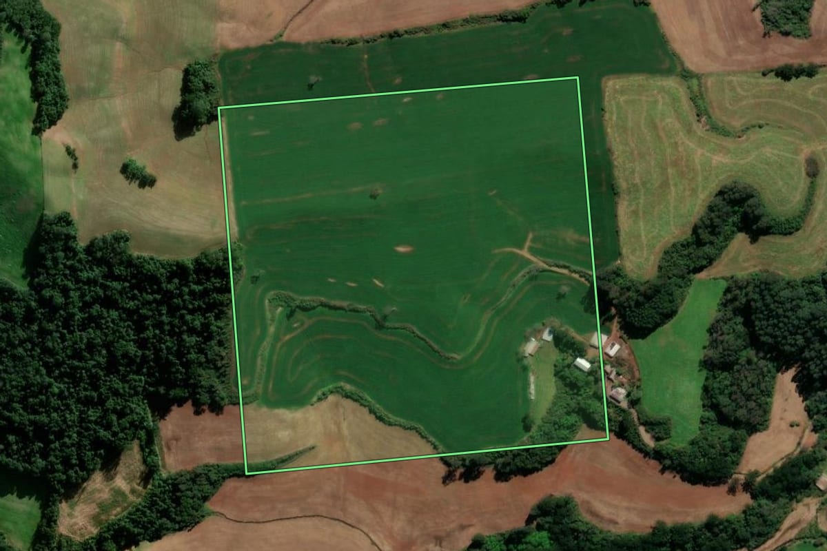 Imagem de satélite do imóvel rural em Casca (RS), com o contorno declarado no CAR desenhado por cima.