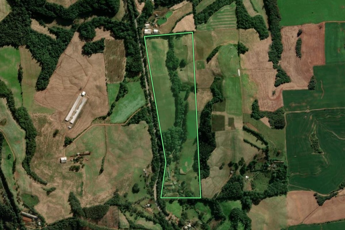 Imagem de satélite do imóvel rural em Casca (RS), com o contorno declarado no CAR desenhado por cima.