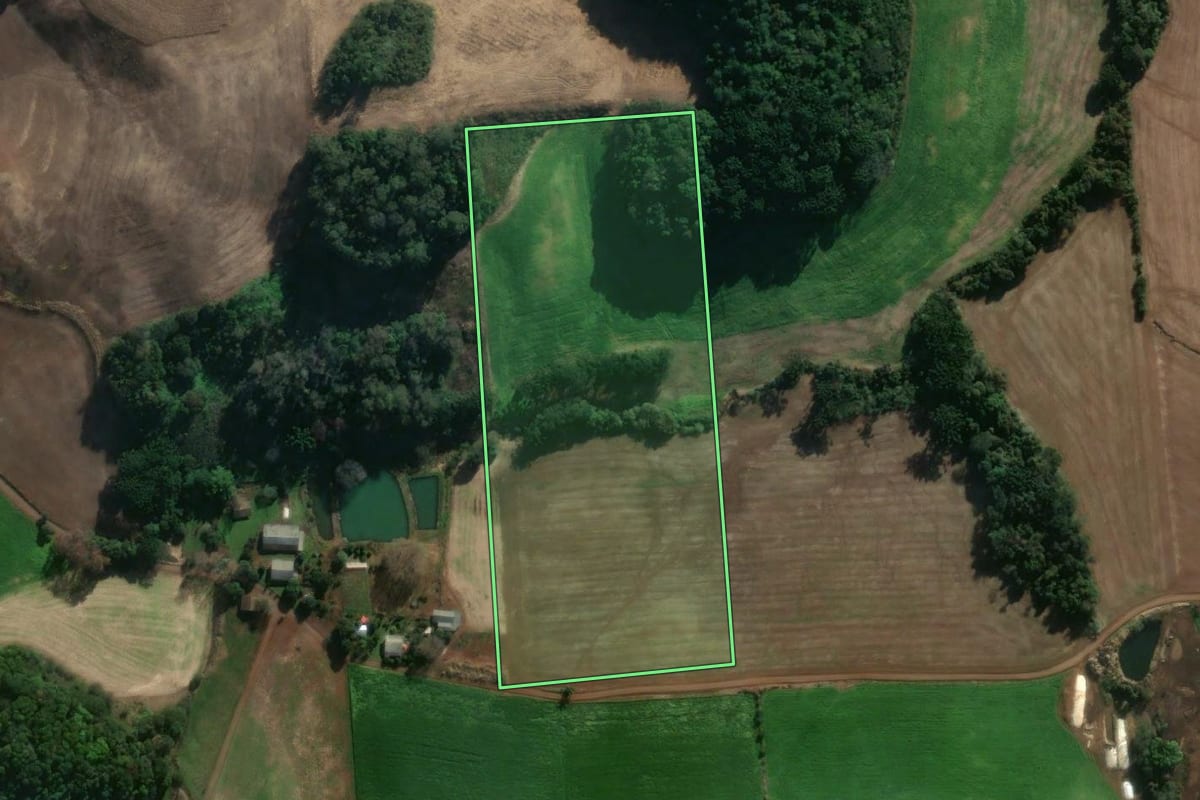 Imagem de satélite do imóvel rural em Casca (RS), com o contorno declarado no CAR desenhado por cima.