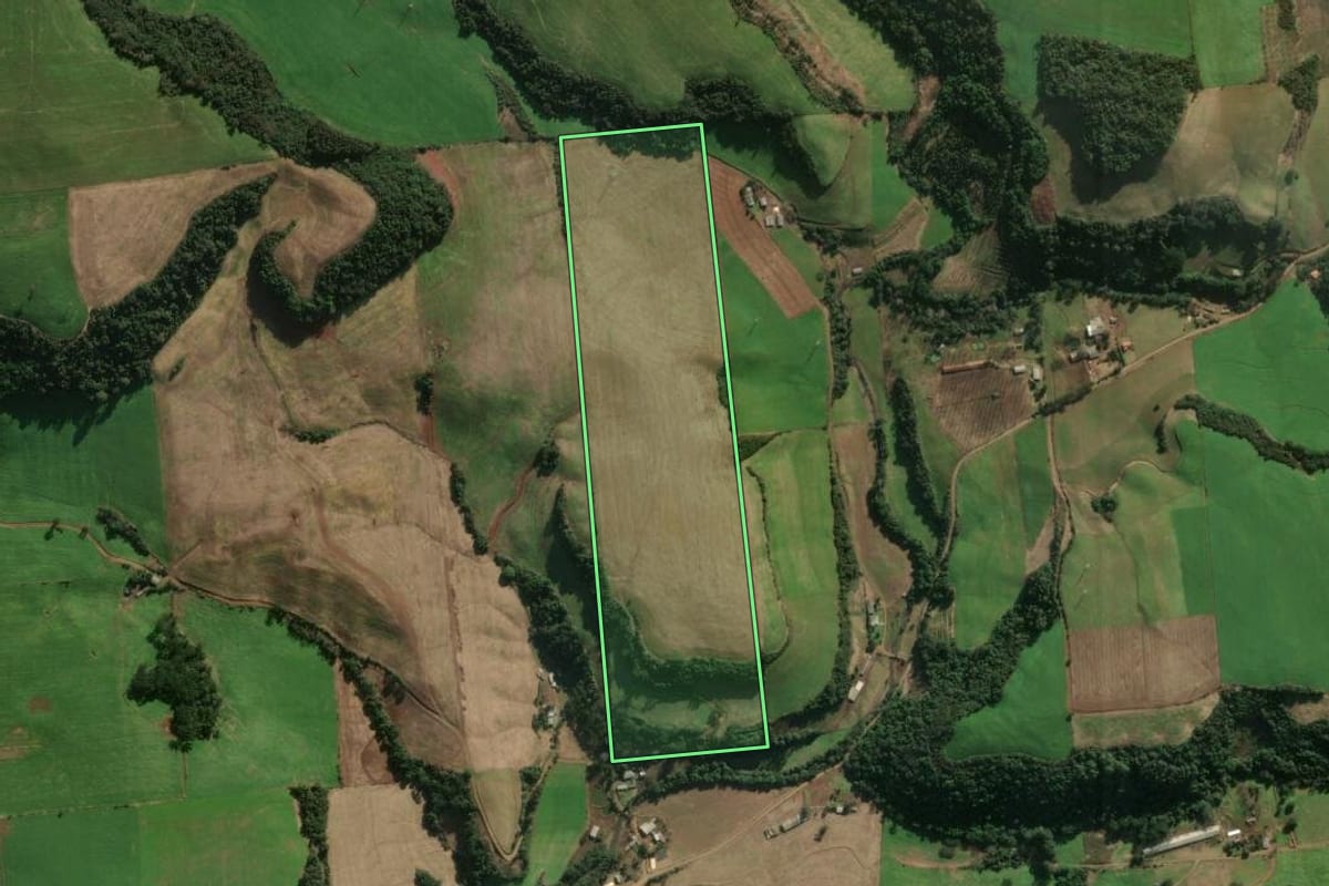 Imagem de satélite do imóvel rural em Casca (RS), com o contorno declarado no CAR desenhado por cima.