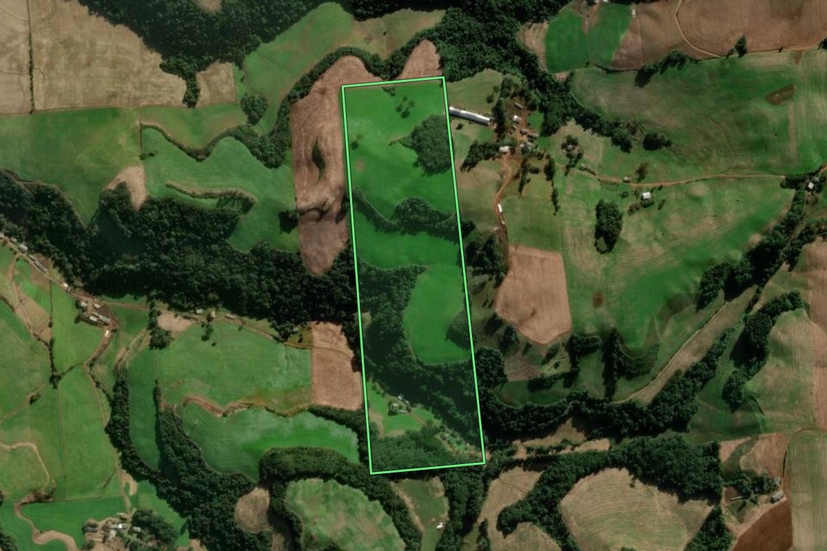 Imagem de satélite do imóvel rural em Casca (RS), com o contorno declarado no CAR desenhado por cima.