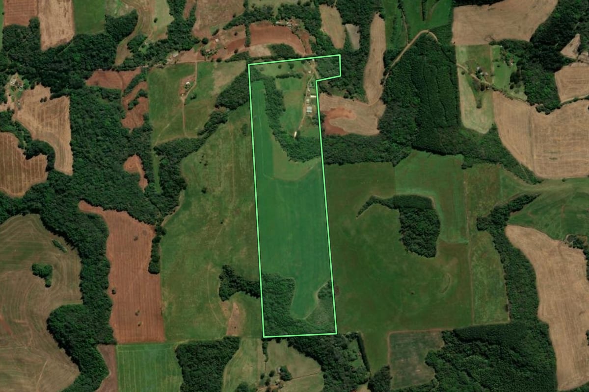 Imagem de satélite do imóvel rural em Casca (RS), com o contorno declarado no CAR desenhado por cima.