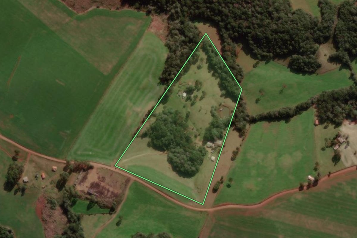 Imagem de satélite do imóvel rural em Caseiros (RS), com o contorno declarado no CAR desenhado por cima.