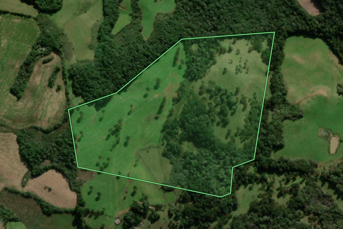 Imagem de satélite do imóvel rural em Caseiros (RS), com o contorno declarado no CAR desenhado por cima.