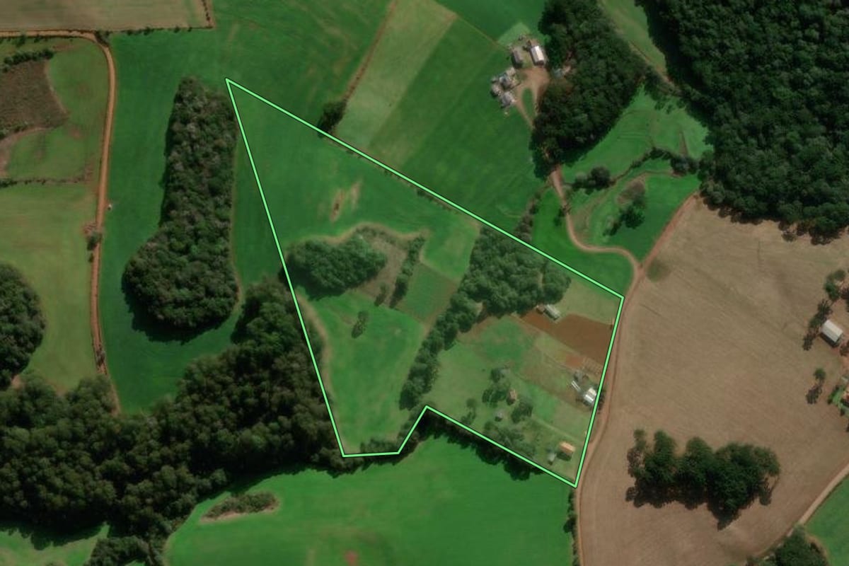 Imagem de satélite do imóvel rural em Caseiros (RS), com o contorno declarado no CAR desenhado por cima.