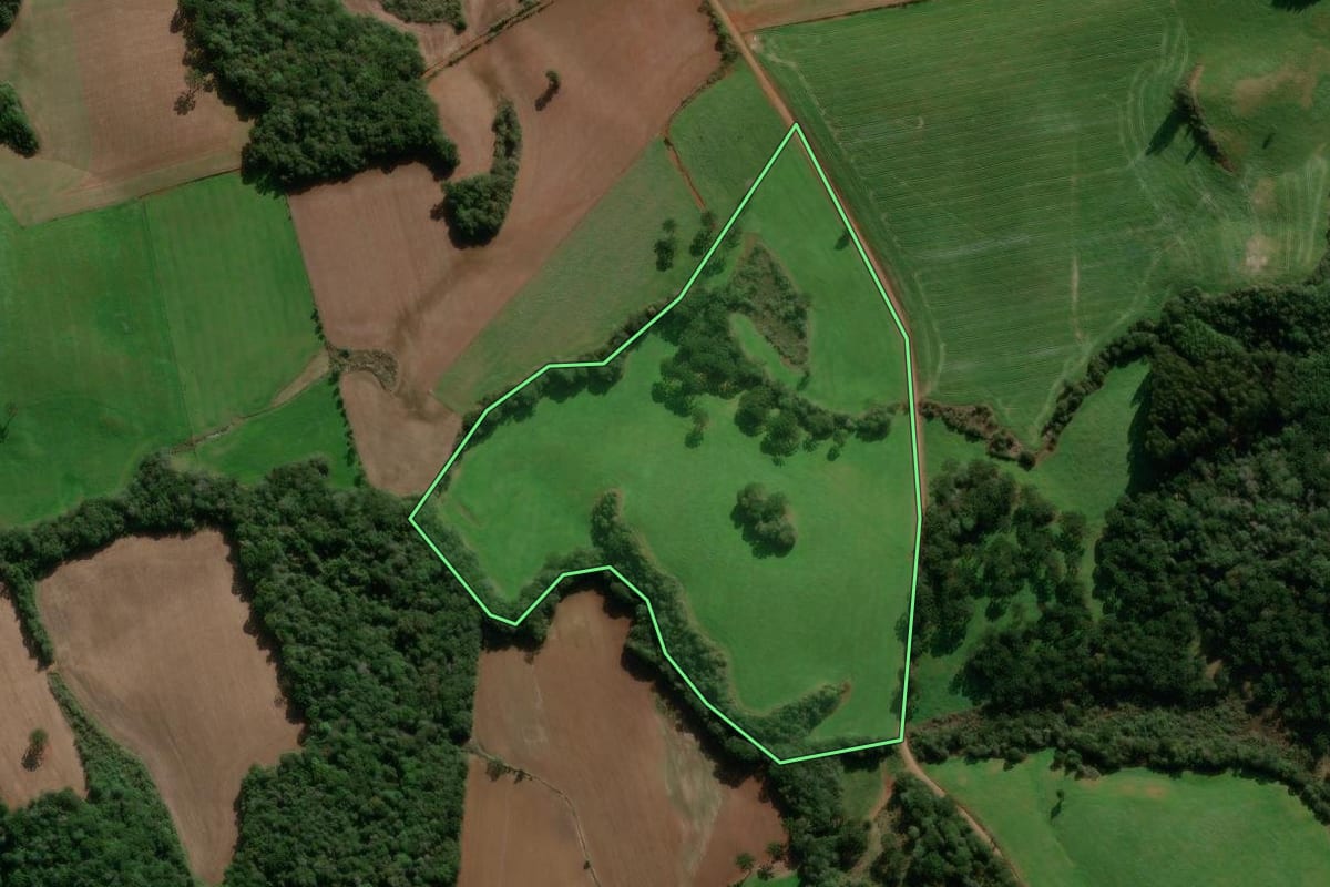 Imagem de satélite do imóvel rural em Caseiros (RS), com o contorno declarado no CAR desenhado por cima.