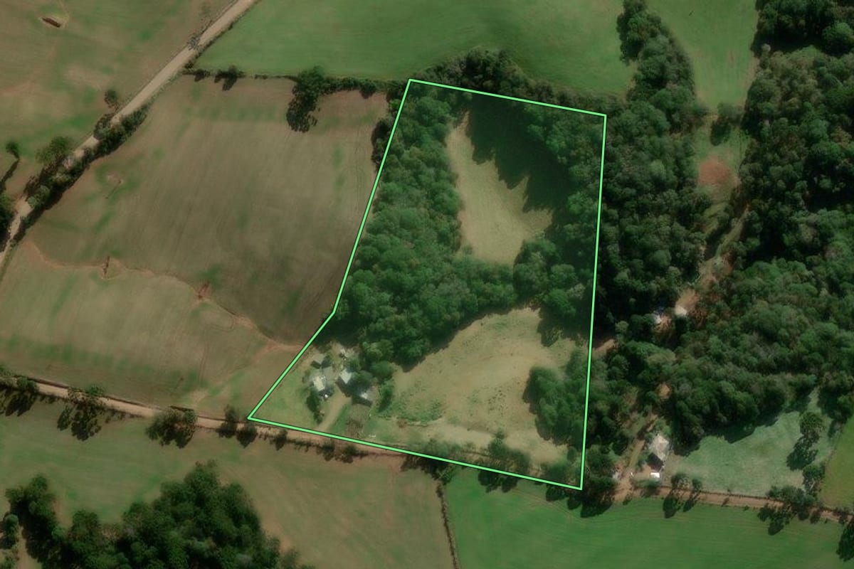 Imagem de satélite do imóvel rural em Caseiros (RS), com o contorno declarado no CAR desenhado por cima.