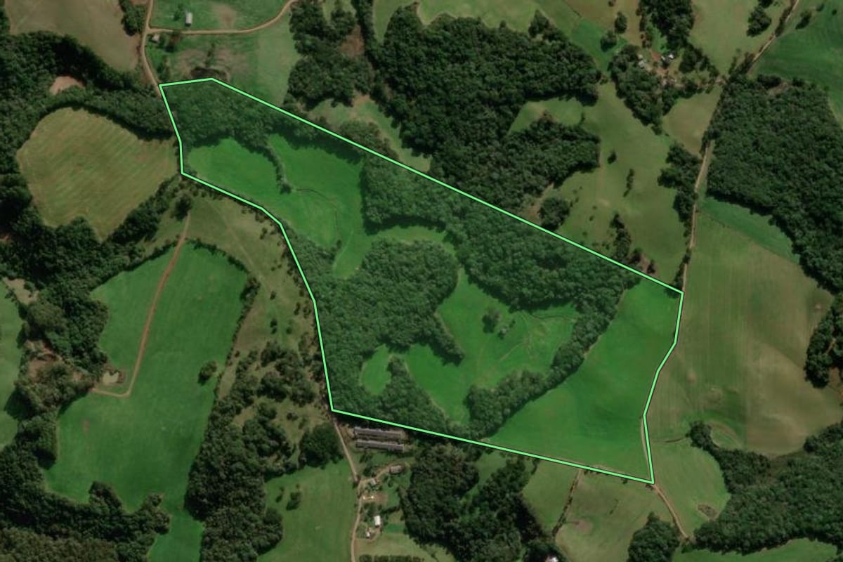 Imagem de satélite do imóvel rural em Caseiros (RS), com o contorno declarado no CAR desenhado por cima.