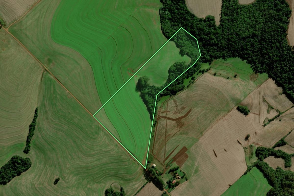 Imagem de satélite do imóvel rural em Catuípe (RS), com o contorno declarado no CAR desenhado por cima.